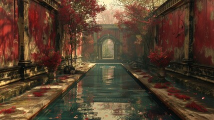 fantasy red corridor with pool and cherry blossom trees