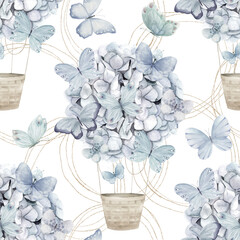 Watercolor pattern with blue hot airballoon, flowers and butterfly. Watercolor hydrangea. Floral ornamental print on white background. Hand drawn illustration