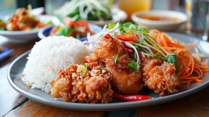 A plate of Thai-style fried chicken served with sticky rice and papaya salad, offering a complete and satisfying Thai dining experience.