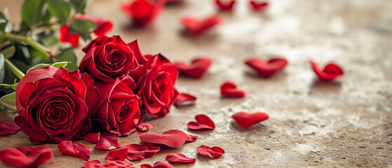 A bouquet of red roses is placed on a table with red petals scattered around it - Powered by Adobe