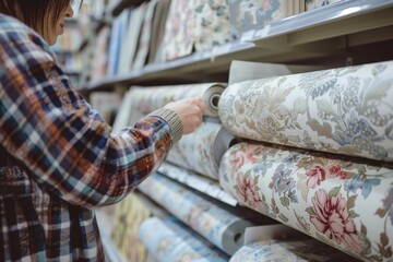 A person carefully examines two different wallpaper designs displayed in a home improvement store, contemplating their potential to enhance the ambiance of their space.