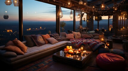 A cozy living room with a view of the city at night