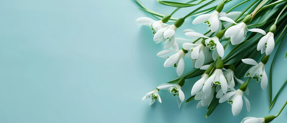 A bouquet of white flowers is displayed on a blue background