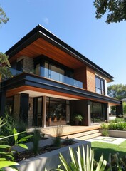 Fototapeta premium Modern Architectural Masterpiece with Expansive Windows and Lush Landscaping