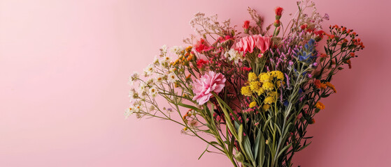 A bouquet of flowers is displayed on a pink background