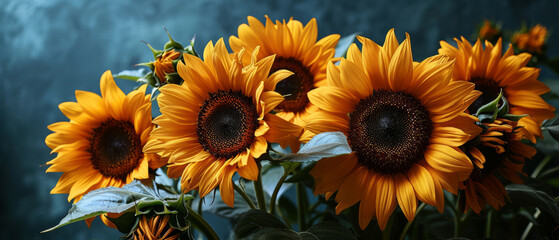 A bouquet of yellow sunflowers is displayed in a vase