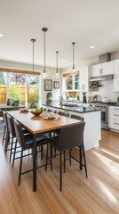 Open concept kitchen with large kitchen island and dining table