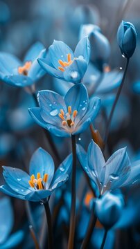Blue flowers with yellow stamen in a field with raindrops on the petals