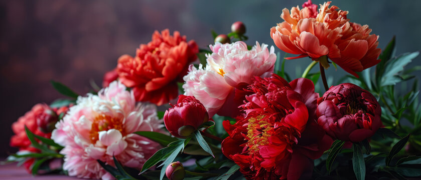 A bouquet of red and pink flowers with green stems