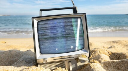 television with glitch next to the sea - 801289304