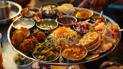 A plate-sized thali filled with regional street food specialties like chaat, pakoras, and vada pav, offering a delightful culinary adventure through India's bustling markets.