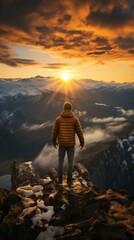 Man standing on a mountaintop overlooking a beautiful landscape