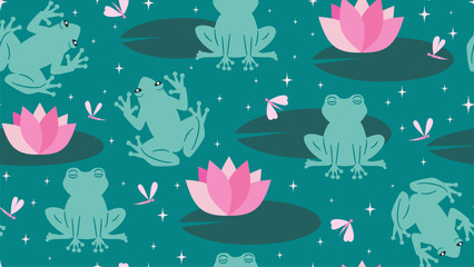 Cute hand drawn colorful cartoon seamless vector pattern background illustration with green frogs, pink water lilies flowers and leaves, dragonflies and stars