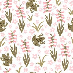 cute hand drawn green frogs silhouette, daisy flowers, grass and bellflowers seamless vector pattern illustration on white background	