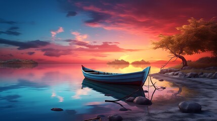 The serenity of dusk envelops the scene, with the solitary boat resting quietly by the shore as the sky ignites with the colors of the setting sun