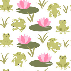 Cute hand drawn colorful cartoon character seamless vector pattern background illustration with green frogs, pink water lilies flowers and leaves