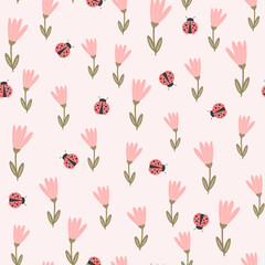 cute hand drawn pink flowers and red ladybugs seamless vector pattern illustration on pastel background	