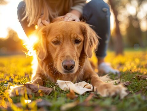 Golden Retriever lying on the grass with a woman petting it