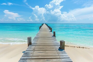 Fototapeta na wymiar Wooden pier stretching into azure water on beach, merging with horizon