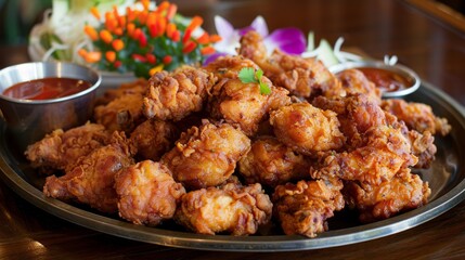 A platter of golden crispy fried chicken served with dipping sauce, inviting viewers to indulge in the savory goodness of Thai fried chicken.