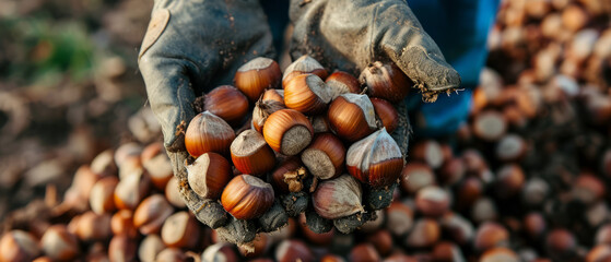 A person is holding a handful of nuts, including some almonds - Powered by Adobe