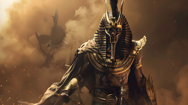 An epic shot of an ancient Egyptian soldier in ceremonial armor, holding a khopesh.




