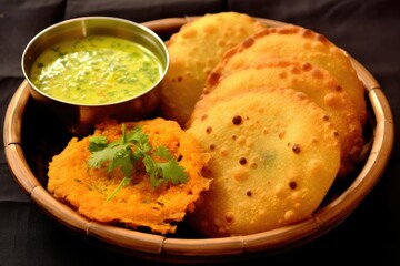 A wooden bowl filled with Bengali dal puri next to a bowl of sauce on a table. Generative AI