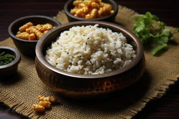 A detailed view of a bowl filled with rice placed on a table, showcasing the simplicity and texture of the grains. Generative AI
