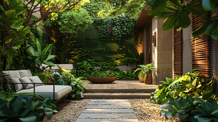 Fototapeta na wymiar Tranquil Garden Patio: Relaxation Amidst Greenery