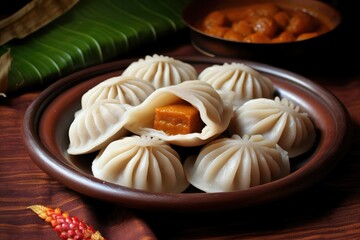 A plate of bengali food puli pithaa with one dumpling missing a bite on a white plate. Generative AI