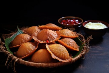 A basket containing traditional Bengali food, Puya Pitha, is placed on top of a table. Generative AI