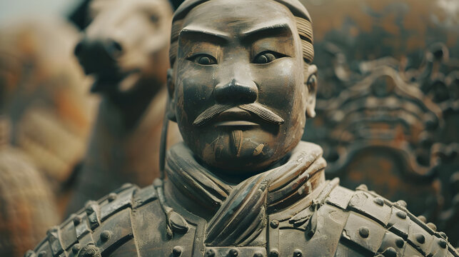 An epic shot of a Chinese terracotta warrior with his distinctive armor and weapon.


