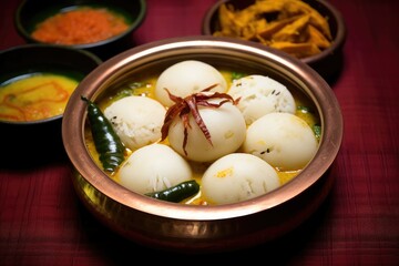 A metal bowl filled with traditional Bengali food Roshogolla placed on top of a wooden table. Generative AI