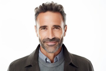 Fototapeta premium Portrait of a smiling man in his 40s wearing a chic cardigan isolated in white background