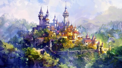 fairy tale castle surrounded by lush green trees in a digital painting