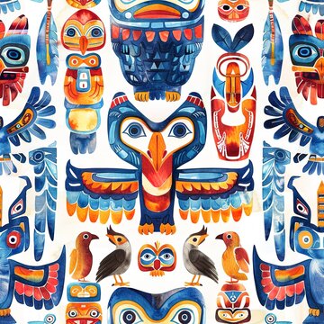 Totem poles and spirit animals, totemic boho watercolor, seamless pattern, bold colors and sacred symbols, ancestral connections.Seamless Pattern, Fabric Pattern, Tumbler Wrap, Mug Wrap.
