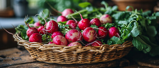 A basket full of red radishes