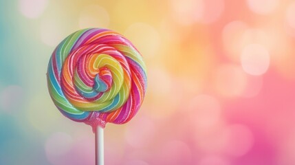 A rainbow lollipop is sitting on a white stick