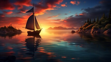 The beauty of twilight is captured in this stunning image, with the solitary boat drifting peacefully along the coastline under the colorful canvas of the setting sun