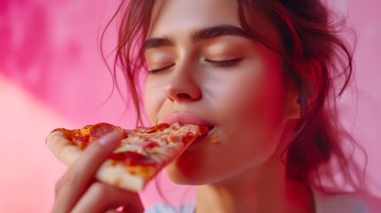 Woman savoring a slice of pizza against a soft pastel backdrop