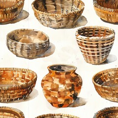Hand-woven baskets and pottery, artisanal boho watercolor, seamless pattern, warm earth hues and natural textures, crafted warmth. Seamless Pattern, Fabric Pattern, Tumbler Wrap, Mug Wrap.