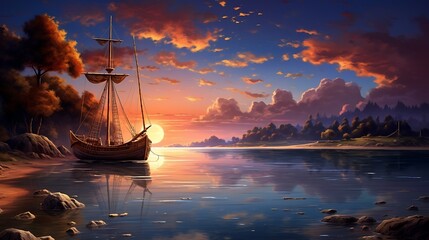 The serenity of dusk envelops the scene, with the solitary boat resting quietly by the shore as the sky ignites with the colors of the setting sun - obrazy, fototapety, plakaty