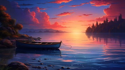 The serenity of dusk envelops the scene, with the solitary boat resting quietly by the shore as the sky ignites with the colors of the setting sun