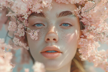 Surreal portrait of woman with blooming flowers on her head against pastel background