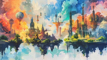 fantasy skyline featuring a castle and lush green trees, with a blue ball adding a pop of color to