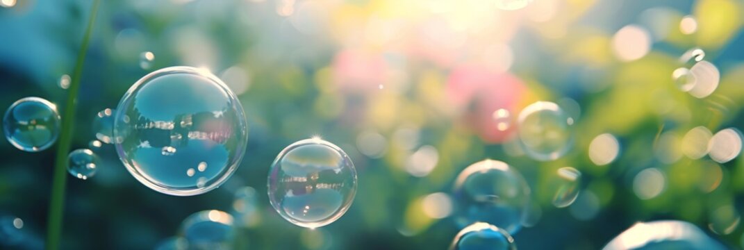 Beautiful colorful soap bubbles on blurred background