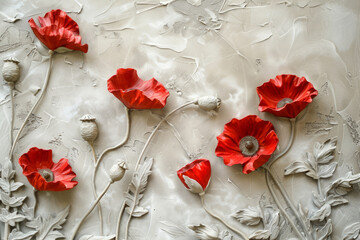 Texture of plaster with poppy flowers. Detailed stucco relief with floral designs in classical style - obrazy, fototapety, plakaty