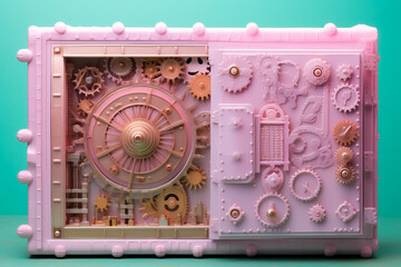 Steampunk bank vault impenetrable security with locks and timers made of cogs and gears