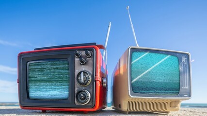 televisions with glitch next to the sea - 801292995