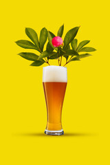 Glass with lager foamy beer and peony flower against vivid yellow background. Summer romance. Contemporary art collage. Concept of alcohol drink, surrealism, celebration, creativity
